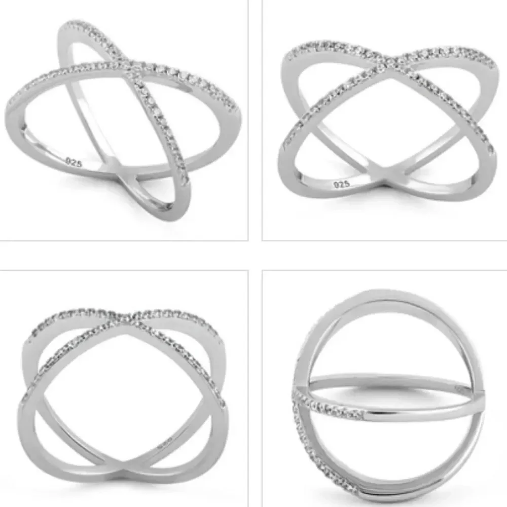 Sterling Silver Overlapping X CZ Ring New